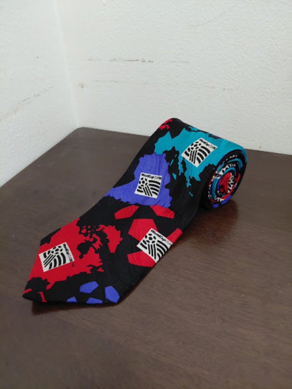 Vintage 1994 FIFA Soccer World Cup 100% Silk Retro Black Multicolor Silk Necktie